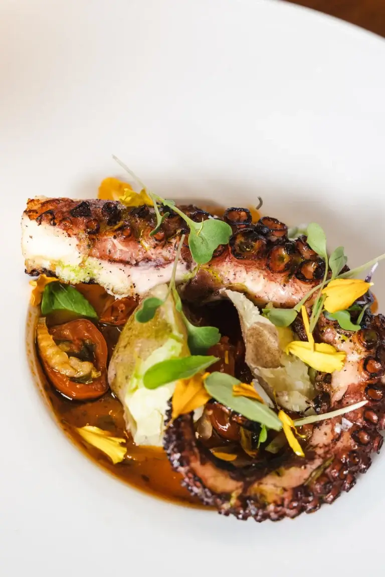 Close-up of Grilled Octopus with sauce, potatoes and yellow edible petals at Capriciano Osteria